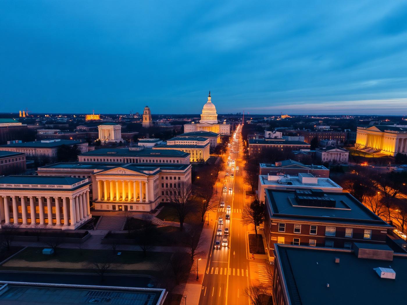 Aerial view of Washington DC at dusk