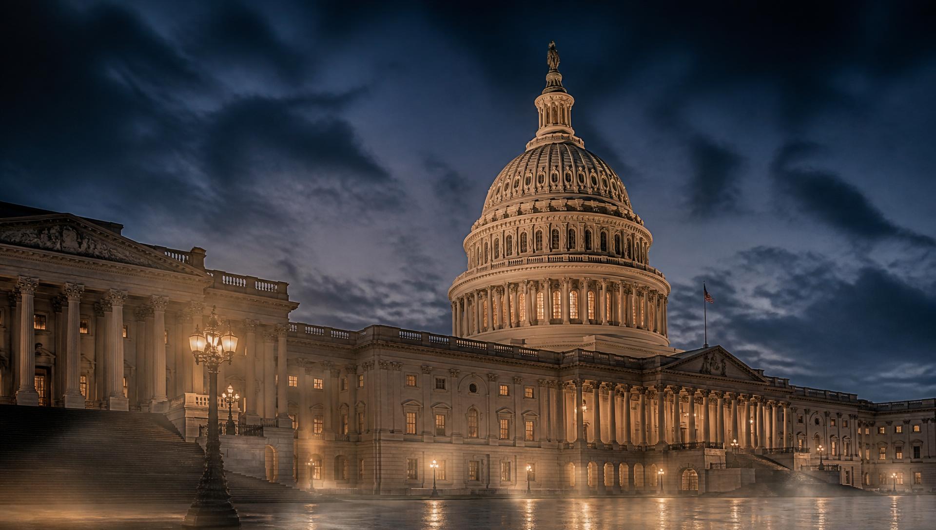 The U.S. Capitol dome illuminated at dusk