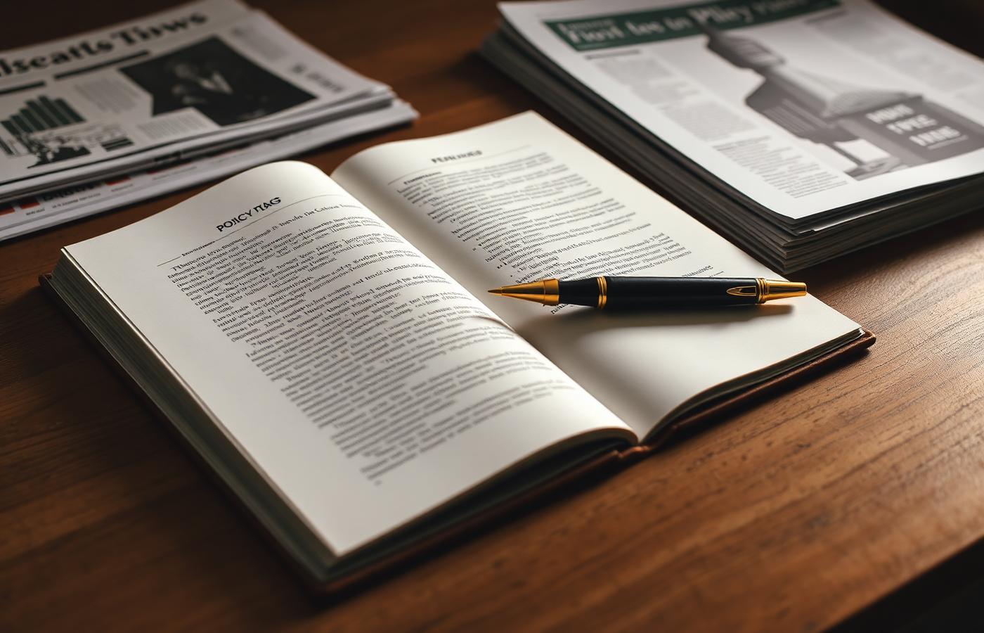 Open policy notebook with fountain pen on a desk