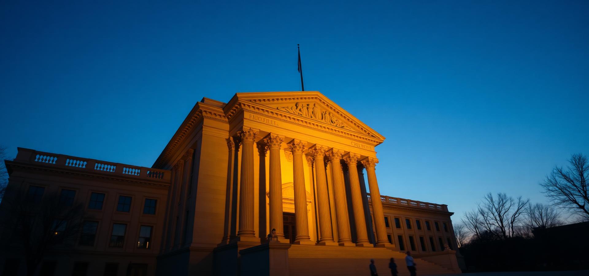 Neoclassical government building at dusk