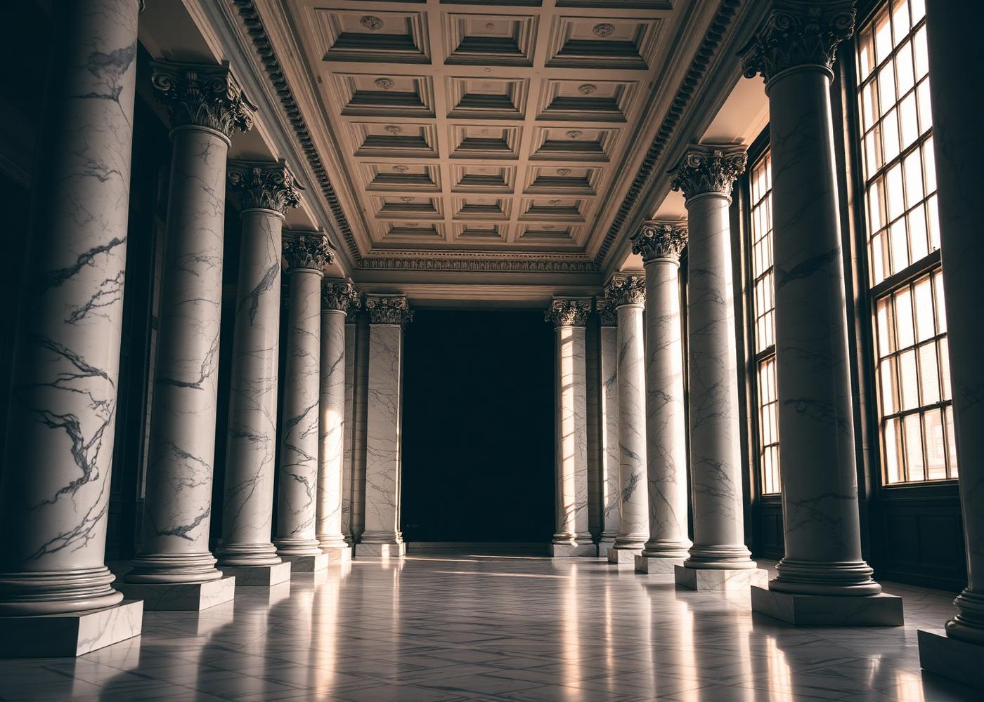 Marble colonnade inside a neoclassical government building