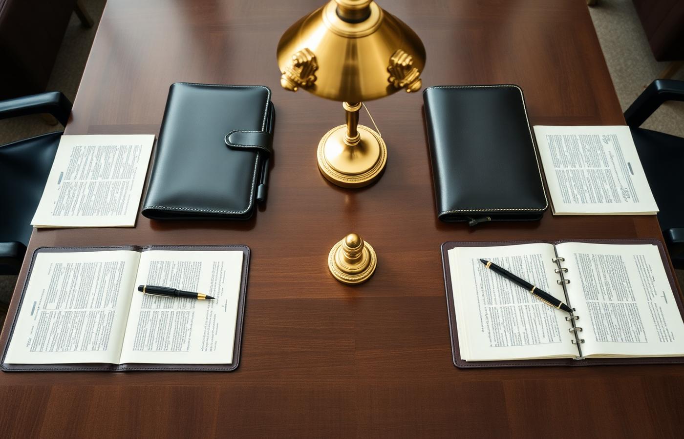 Overhead view of a boardroom table with policy briefs and leather portfolios