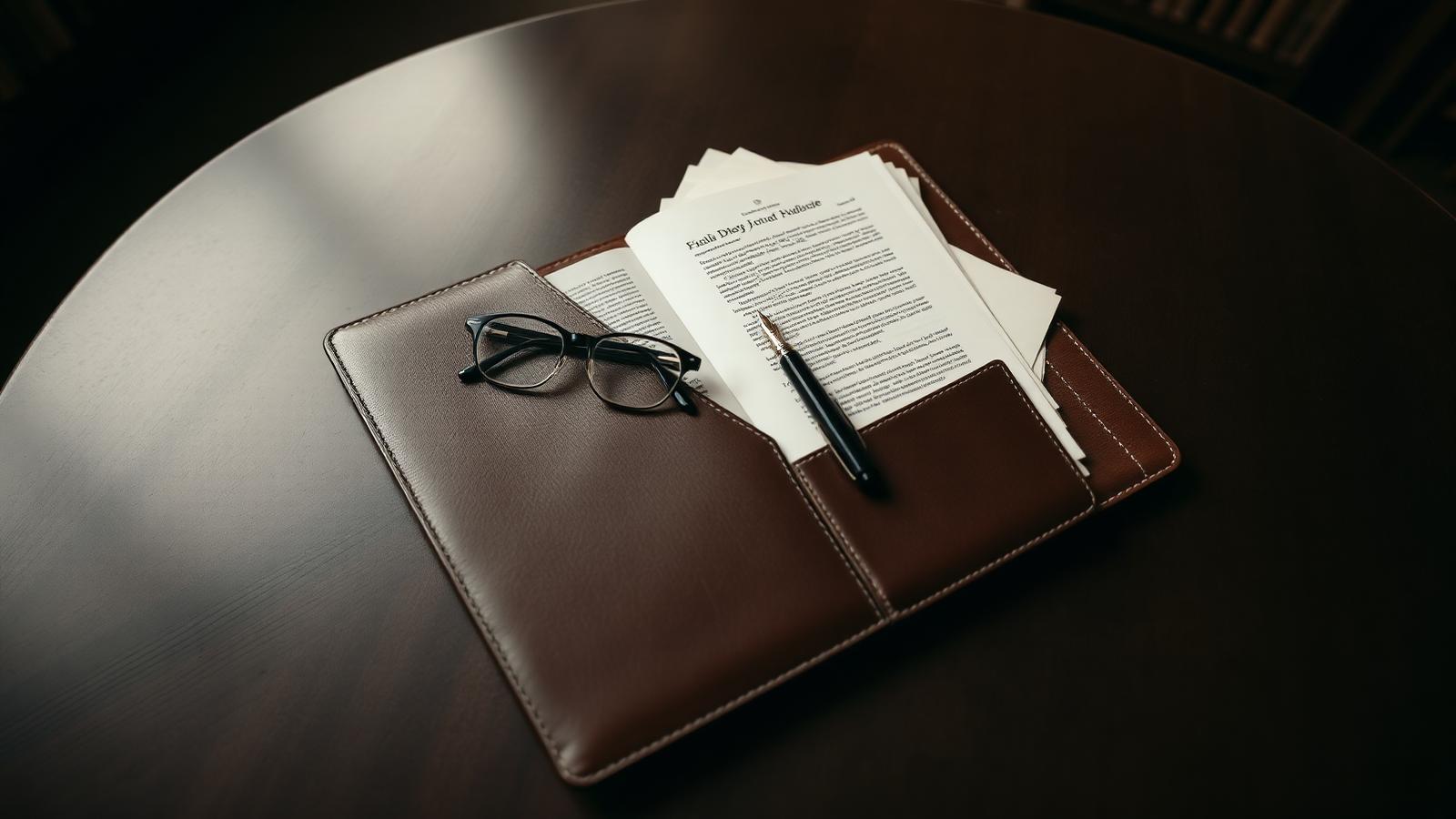 Leather portfolio with policy documents on a dark conference table